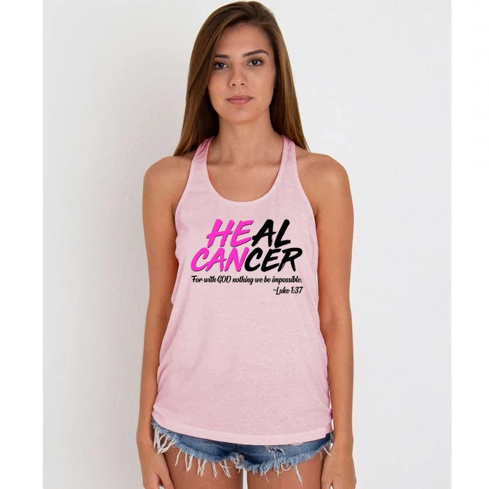 He Can Heal Cancer Luke 1:37 Breast Cancer Awareness Women's Knotted Racerback Tank