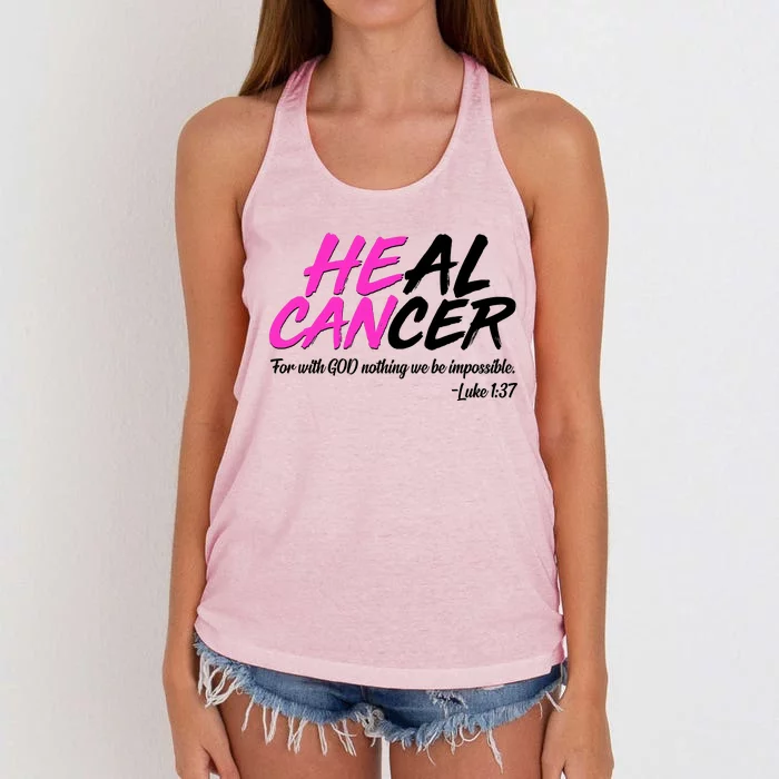 He Can Heal Cancer Luke 1:37 Breast Cancer Awareness Women's Knotted Racerback Tank