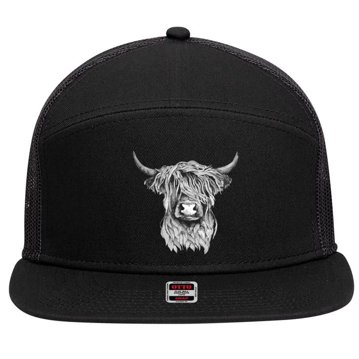 Highland Cow Hand Drawn Illustration 7 Panel Mesh Trucker Snapback Hat