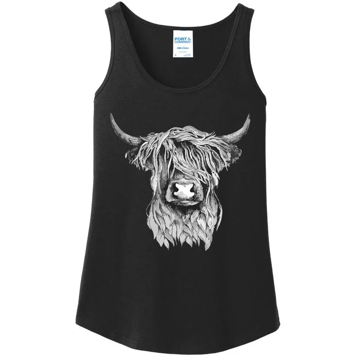 Highland Cow Hand Drawn Illustration Ladies Essential Tank