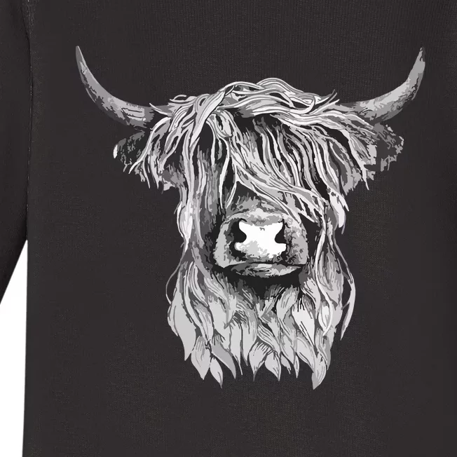 Highland Cow Hand Drawn Illustration Baby Long Sleeve Bodysuit