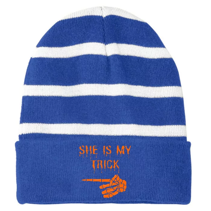 Halloween Couple Husband Costume She Is My Trick Cool Gift Striped Beanie with Solid Band