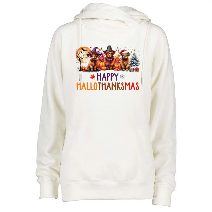 Highland Cow Halloween Christmas Thanksgiving Hallothanksmas Womens Funnel Neck Pullover Hood