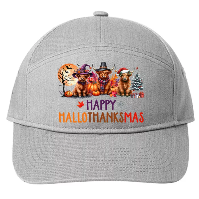 Highland Cow Halloween Christmas Thanksgiving Hallothanksmas 7-Panel Snapback Hat