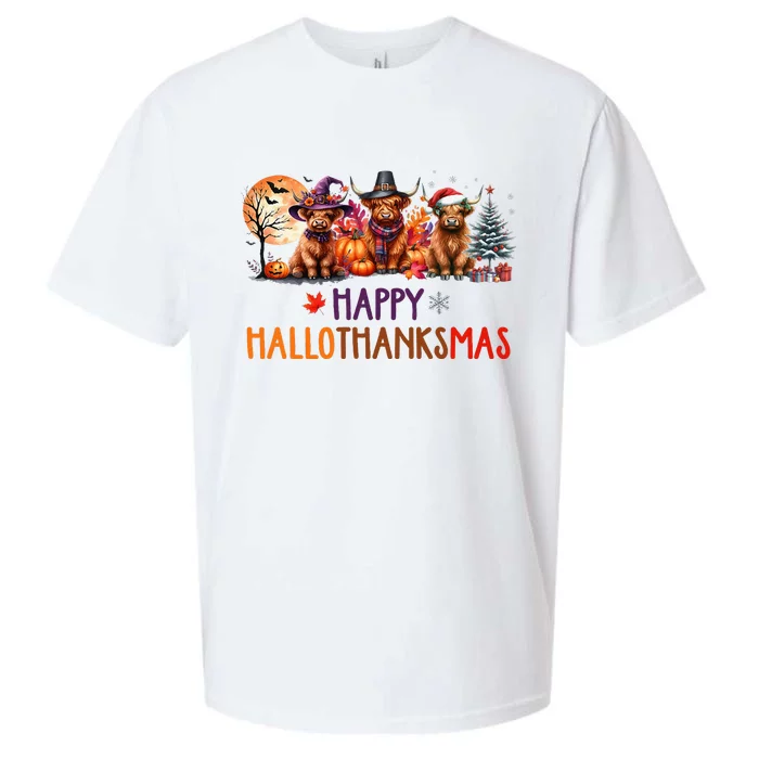 Highland Cow Halloween Christmas Thanksgiving Hallothanksmas Sueded Cloud Jersey T-Shirt