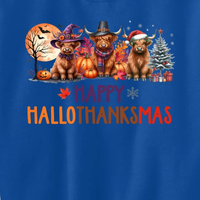 Highland Cow Halloween Christmas Thanksgiving Hallothanksmas Meaningful Gift Kids Sweatshirt