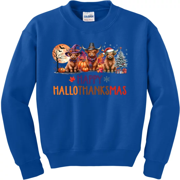 Highland Cow Halloween Christmas Thanksgiving Hallothanksmas Meaningful Gift Kids Sweatshirt