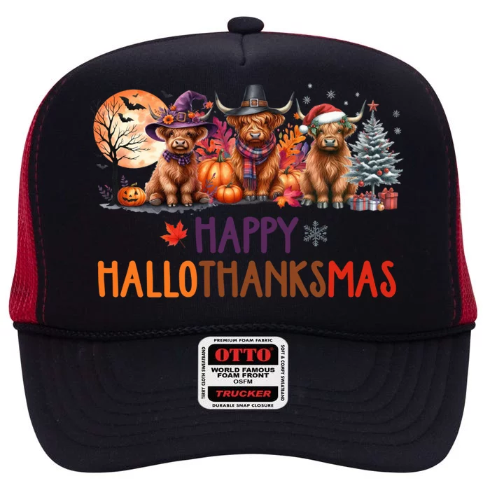 Highland Cow Halloween Christmas Thanksgiving Hallothanksmas Gift High Crown Mesh Trucker Hat