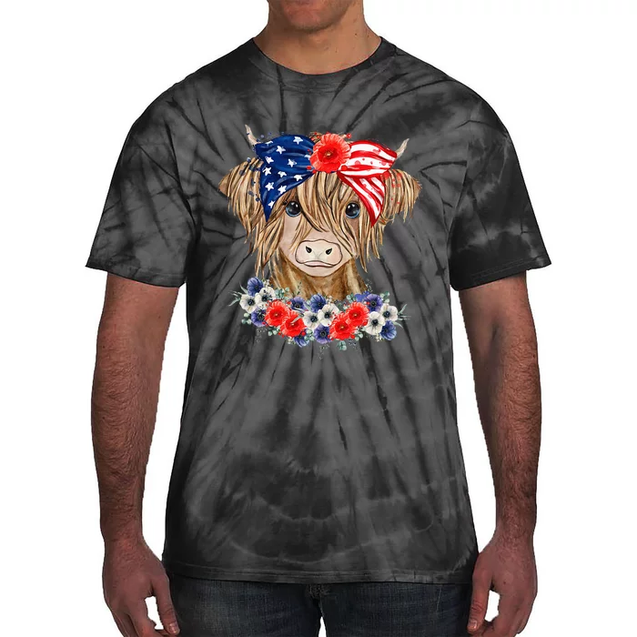 Highland Cow Heifer Bandana American Flag 4th Of July Tie-Dye T-Shirt