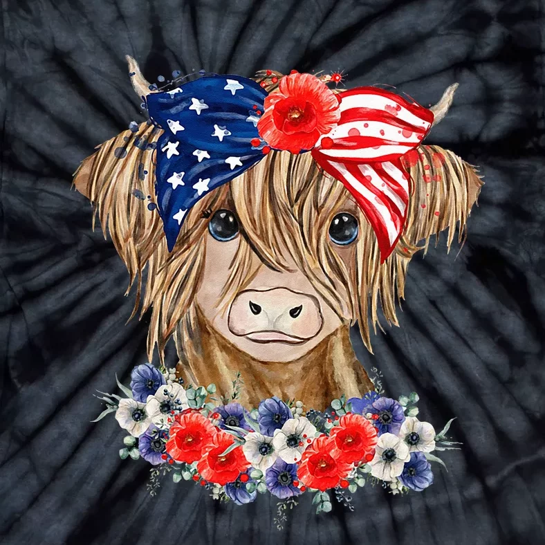 Highland Cow Heifer Bandana American Flag 4th Of July Tie-Dye T-Shirt