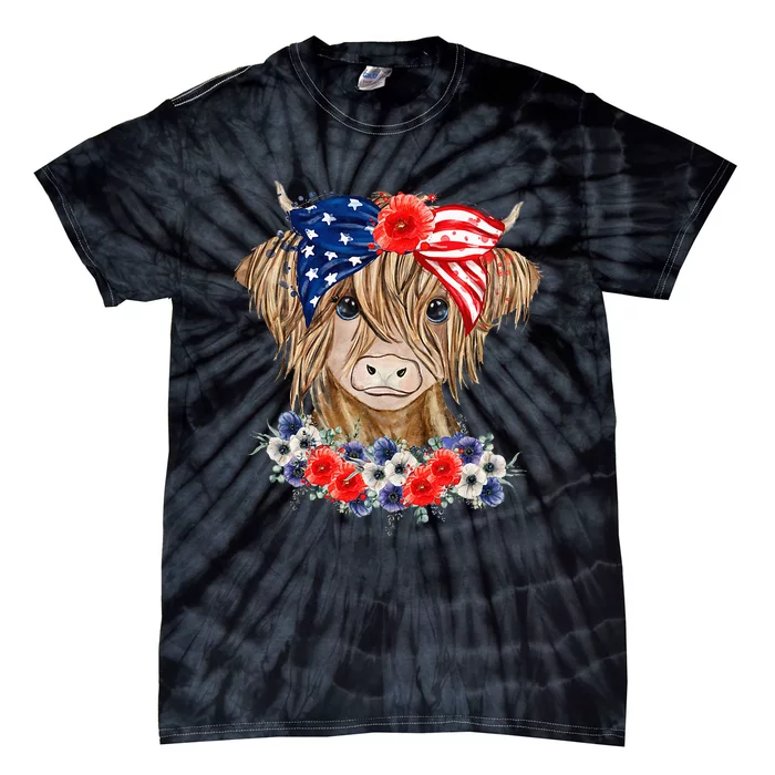 Highland Cow Heifer Bandana American Flag 4th Of July Tie-Dye T-Shirt