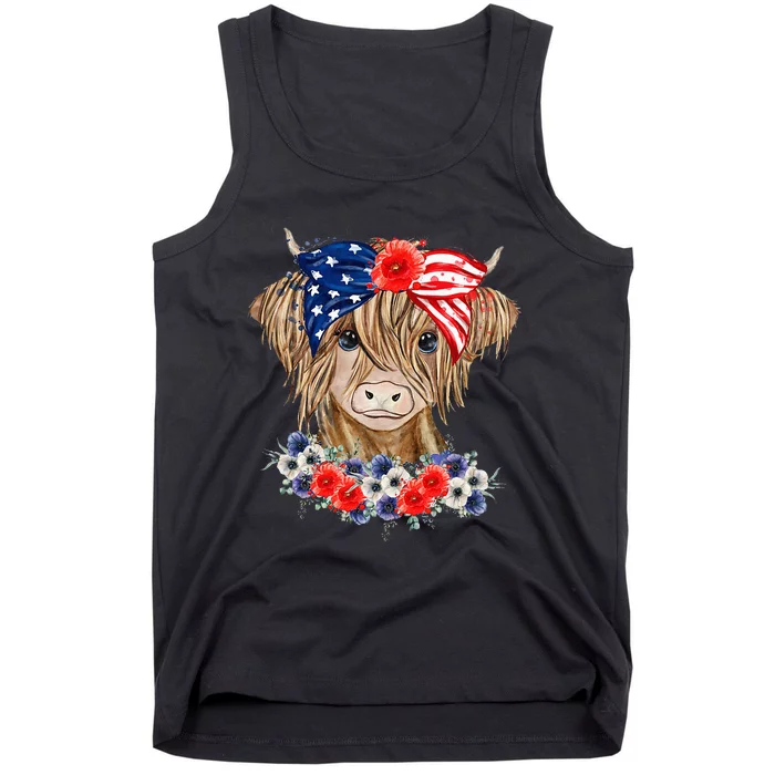 Highland Cow Heifer Bandana American Flag 4th Of July Tank Top