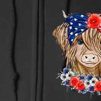 Highland Cow Heifer Bandana American Flag 4th Of July Full Zip Hoodie