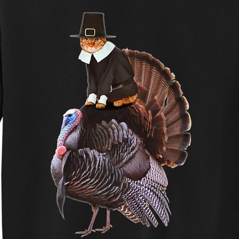 Hanksgiving Cat In Pilgrim Costume Riding Urkey Funny Tall Sweatshirt