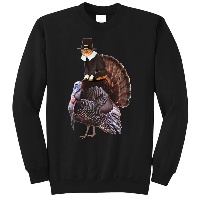 Hanksgiving Cat In Pilgrim Costume Riding Urkey Funny Tall Sweatshirt