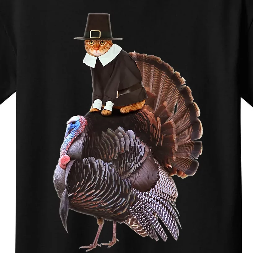 Hanksgiving Cat In Pilgrim Costume Riding Urkey Funny Kids T-Shirt