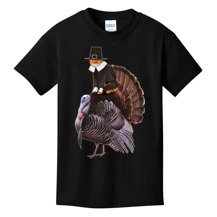 Hanksgiving Cat In Pilgrim Costume Riding Urkey Funny Kids T-Shirt