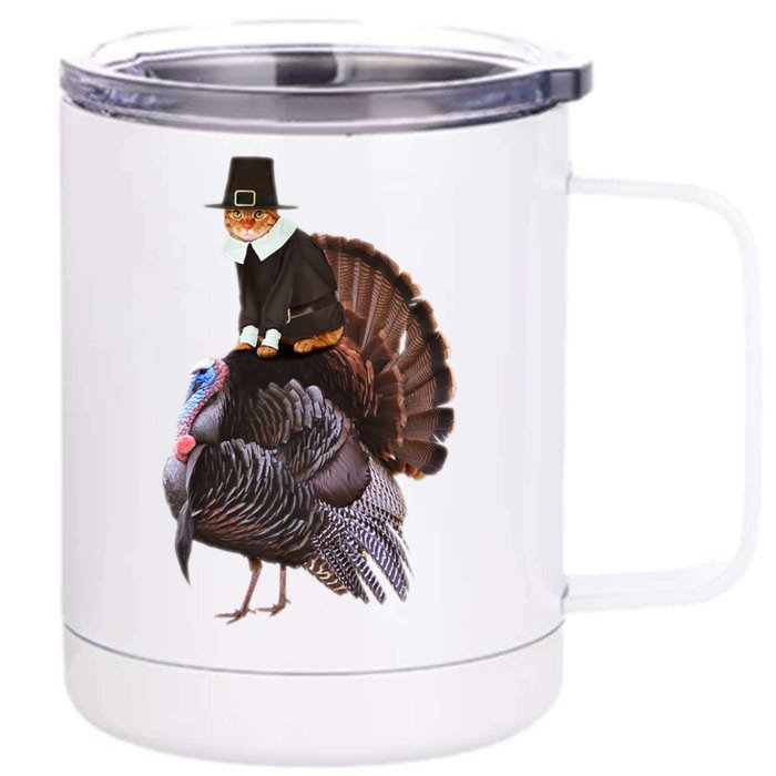 Hanksgiving Cat In Pilgrim Costume Riding Urkey Funny Front & Back 12oz Stainless Steel Tumbler Cup