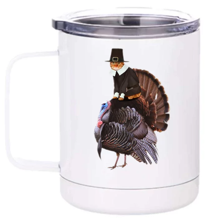 Hanksgiving Cat In Pilgrim Costume Riding Urkey Funny Front & Back 12oz Stainless Steel Tumbler Cup