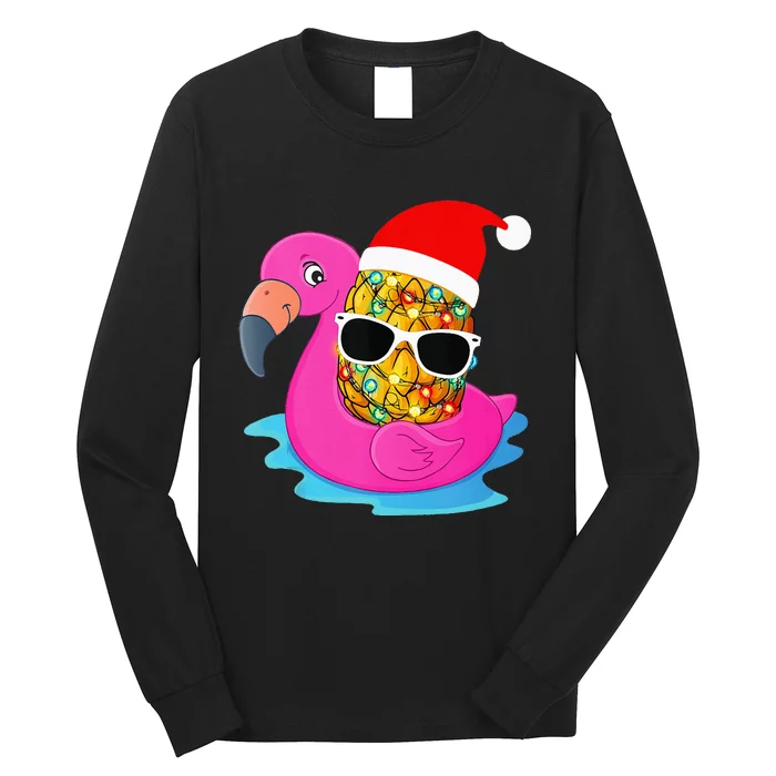 Hawaiian Christmas in July Flamingo Pineapple Santa Hat Long Sleeve Shirt