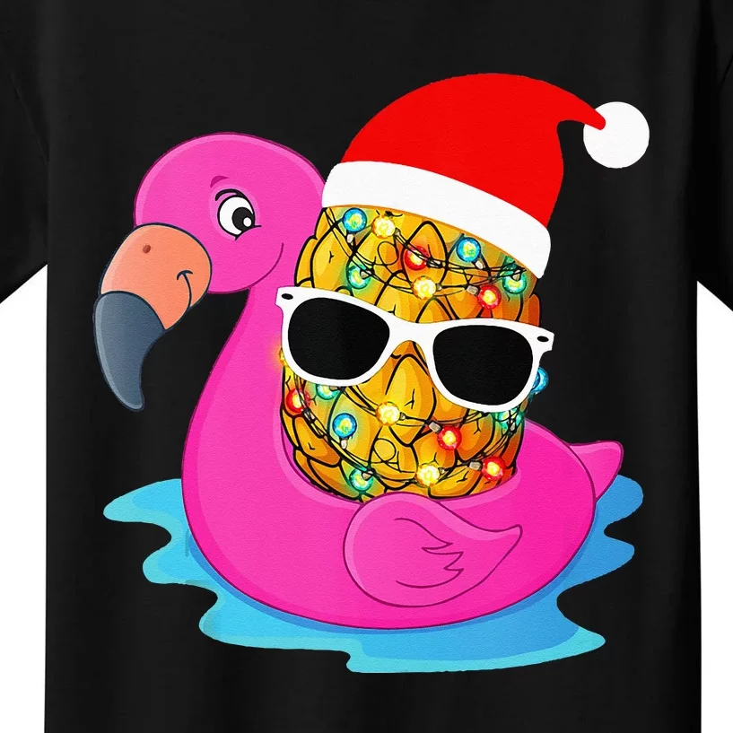 Hawaiian Christmas in July Flamingo Pineapple Santa Hat Kids T-Shirt