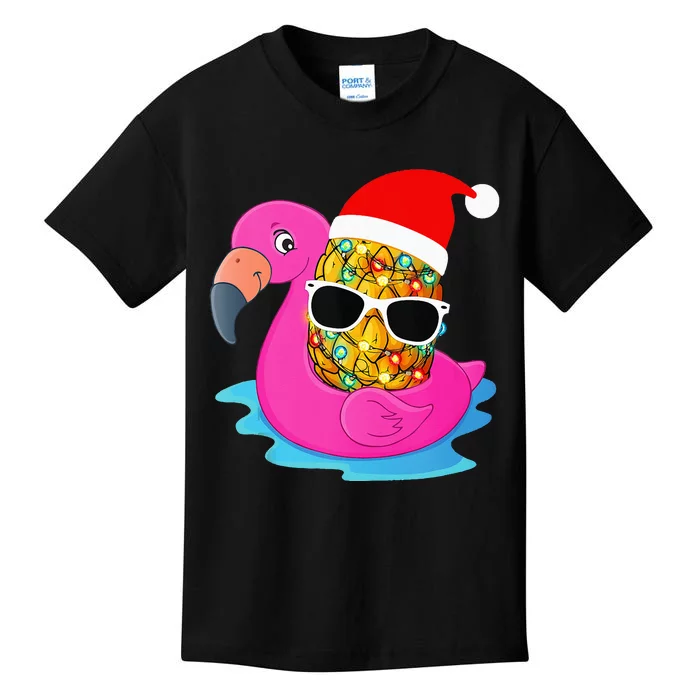 Hawaiian Christmas in July Flamingo Pineapple Santa Hat Kids T-Shirt