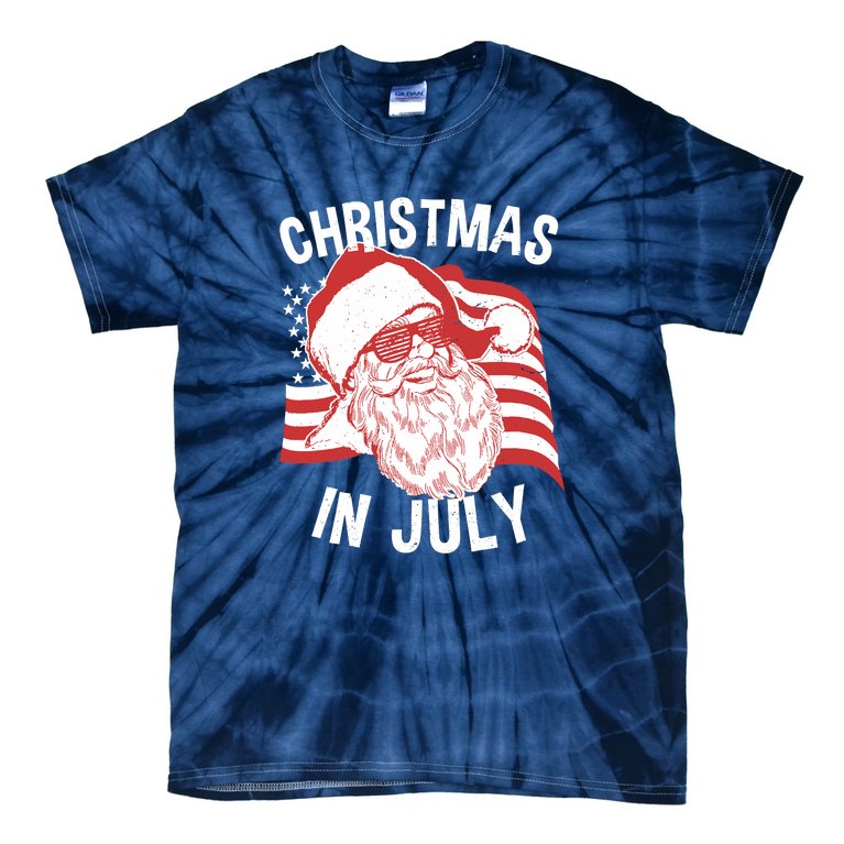 Happy Christmas In July Retro Hipster Santa 4th Of July Tie-Dye T-Shirt