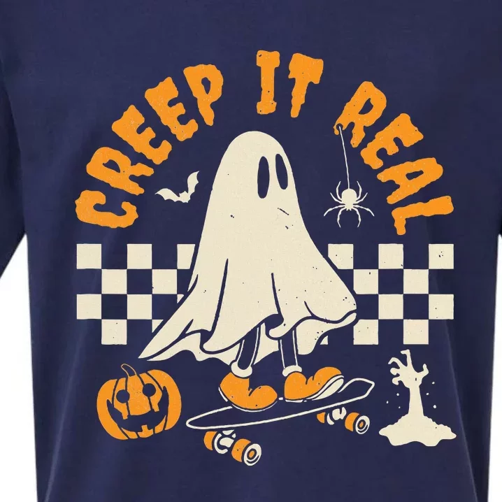 Halloween Creep It Real Ghost Skateboard Sueded Cloud Jersey T-Shirt