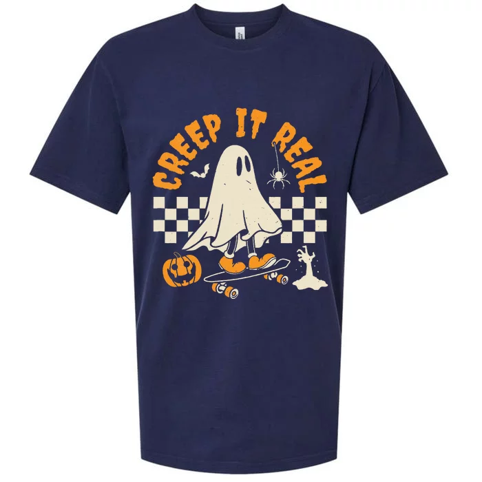 Halloween Creep It Real Ghost Skateboard Sueded Cloud Jersey T-Shirt