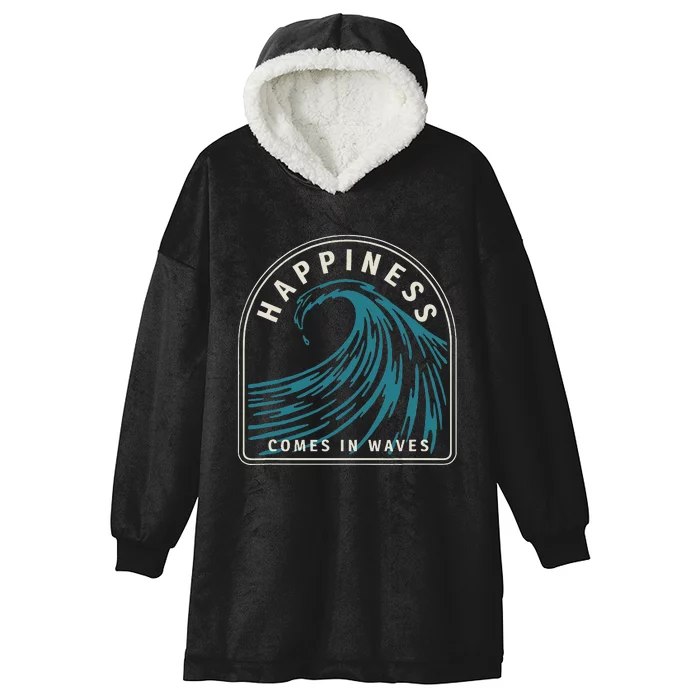 Happiness Comes In Waves Retro Summer Surfer Hooded Wearable Blanket