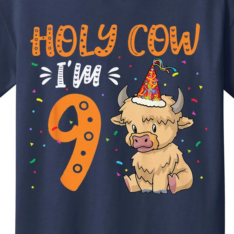 Holy Cow Im 9 Scottish Highland Cow Print 9th Birthday Kids T-Shirt