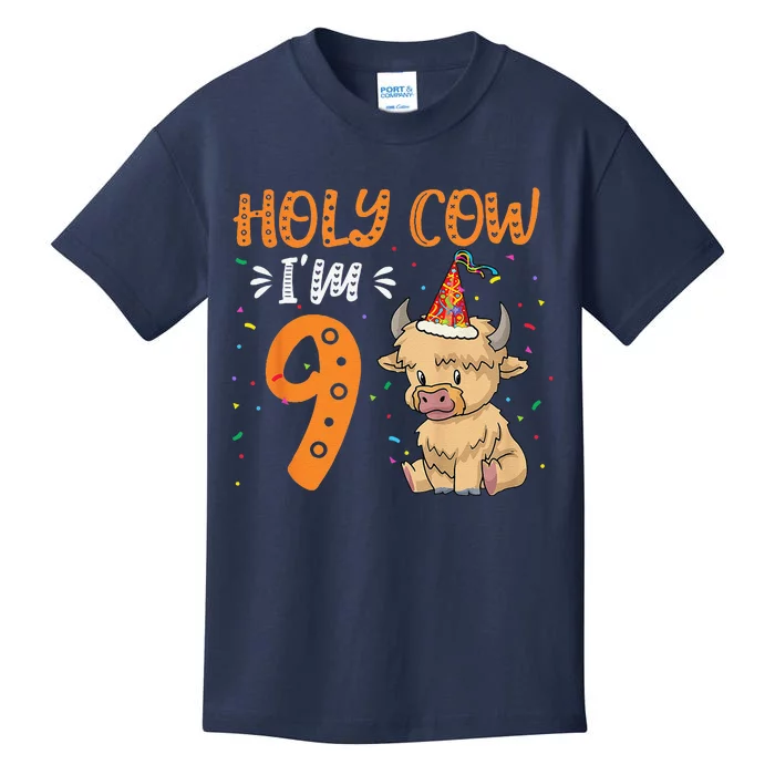 Holy Cow Im 9 Scottish Highland Cow Print 9th Birthday Kids T-Shirt