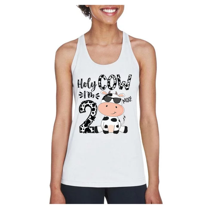 Holy Cow Im 2 Birthday Boy 2nd Cow Farm Animals Bday Women's Racerback Tank