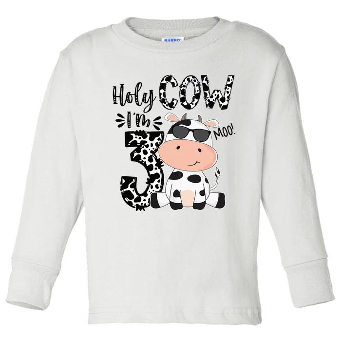 Holy Cow Im 3 Birthday Boy 3rd Cow Farm Animals Bday Toddler Long Sleeve Shirt