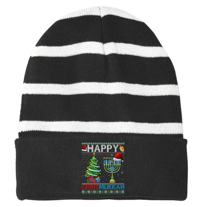 Happy Chrismukkah Jewish Christmas Hanukkah Chanukah Striped Beanie with Solid Band