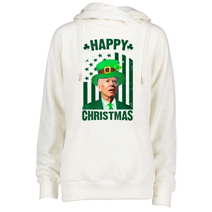 Happy Christmas Joe Biden Funny St Patrick's Day Womens Funnel Neck Pullover Hood