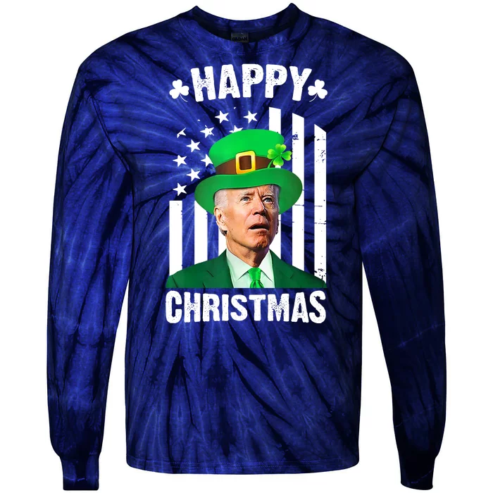 Happy Christmas Joe Biden Funny St Patrick's Day Tie-Dye Long Sleeve Shirt