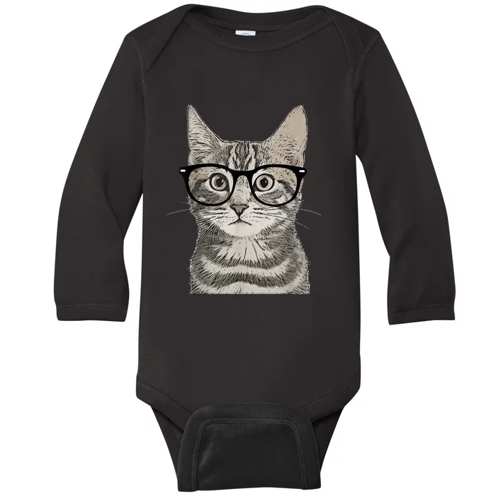 Hipster Cat Kitten Spectacles Eye Glasses Funny Cute Baby Long Sleeve Bodysuit