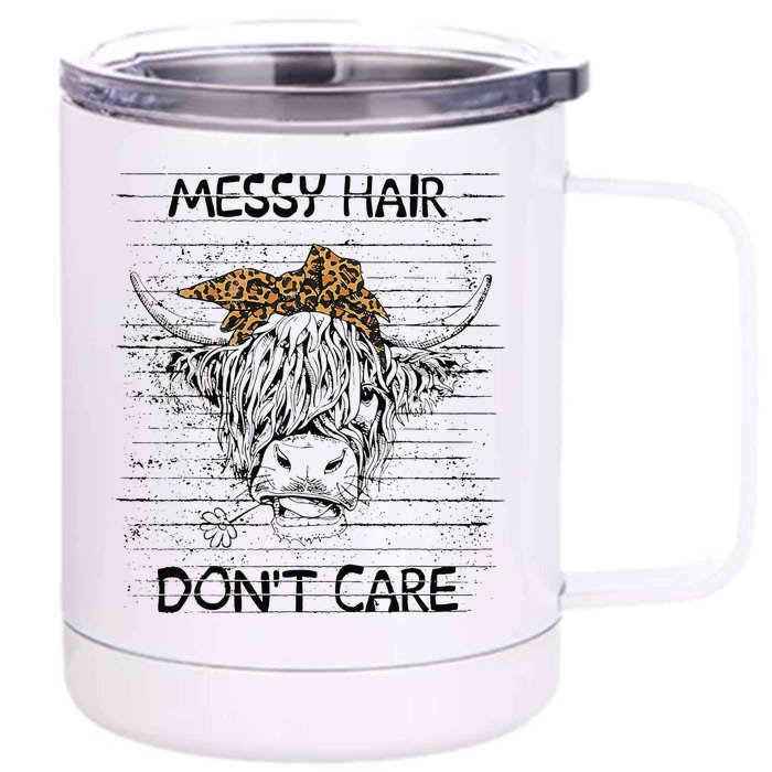 Highland Cow Leopard Bandana Messy Hair Don't Care Western Front & Back 12oz Stainless Steel Tumbler Cup