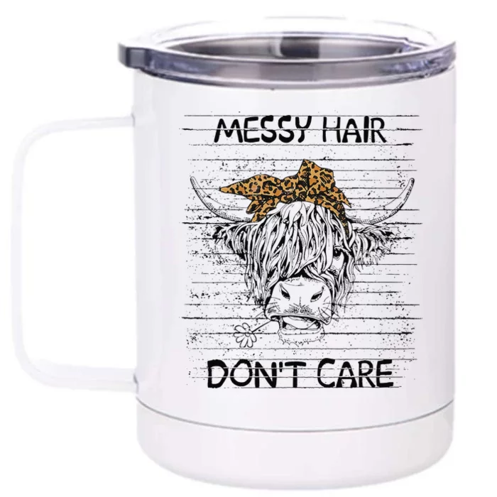 Highland Cow Leopard Bandana Messy Hair Don't Care Western Front & Back 12oz Stainless Steel Tumbler Cup