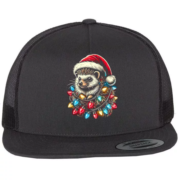 Hedgehog Christmas Lights Santa Hat Funny Gift Xmas Flat Bill Trucker Hat