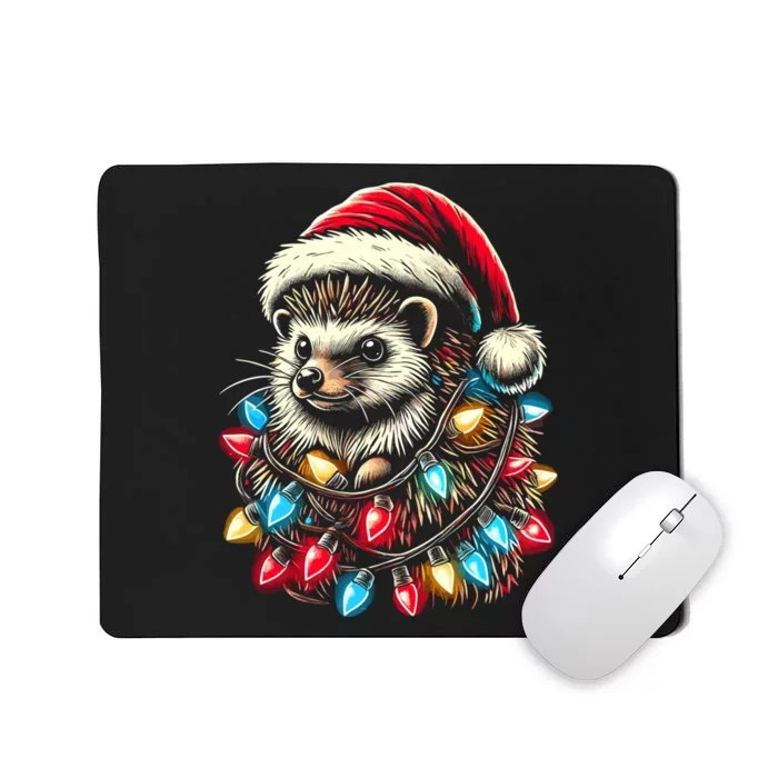 Hedgehog Christmas Lights Santa Hat Funny Gift Xmas Mousepad