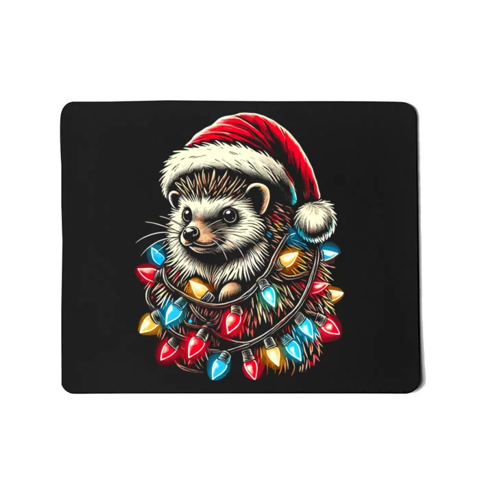 Hedgehog Christmas Lights Santa Hat Funny Gift Xmas Mousepad