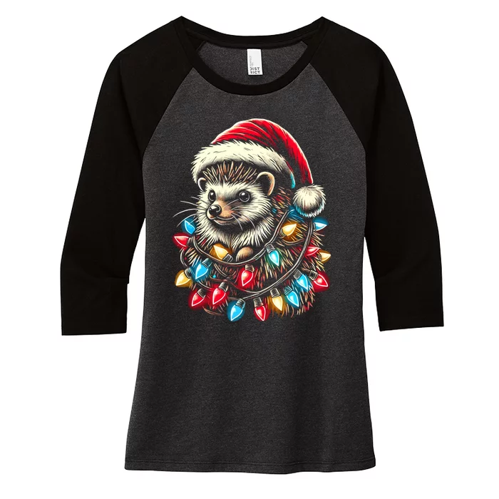 Hedgehog Christmas Lights Santa Hat Funny Gift Xmas Women's Tri-Blend 3/4-Sleeve Raglan Shirt