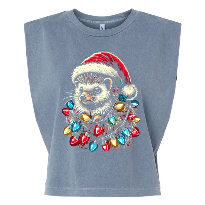 Hedgehog Christmas Lights Santa Hat Funny Gift Xmas Garment-Dyed Women's Muscle Tee