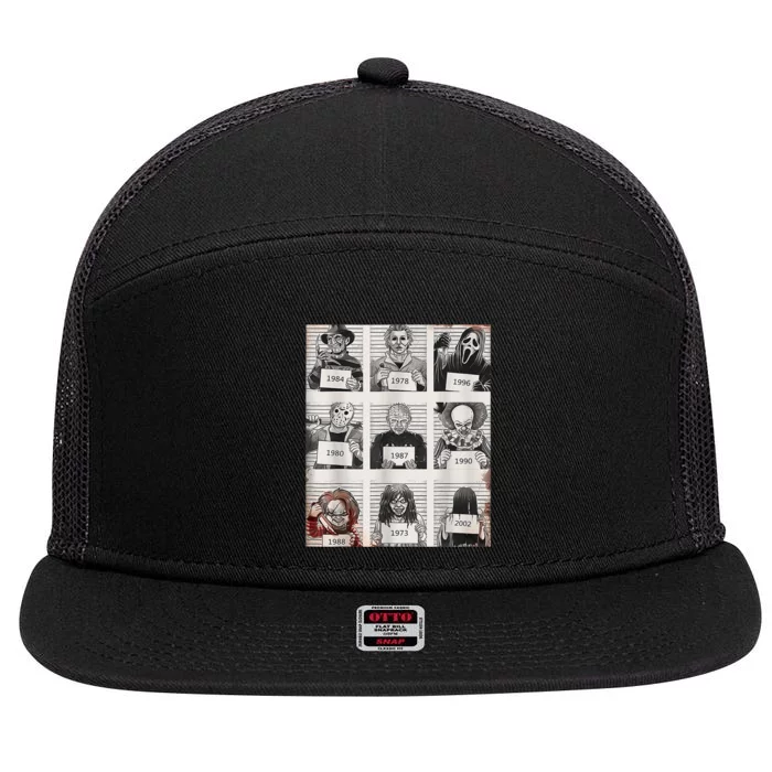 Halloween Creepy Legends Killer Mugshots Horror Fan 7 Panel Mesh Trucker Snapback Hat