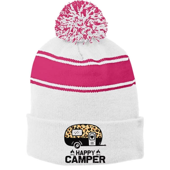 Happy Camper Leopard Funny Matching Camping Crew Stripe Pom Pom Beanie