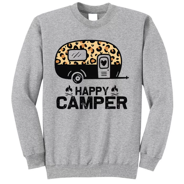 Happy Camper Leopard Funny Matching Camping Crew Tall Sweatshirt