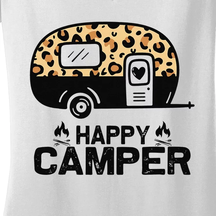 Happy Camper Leopard Funny Matching Camping Crew Women's V-Neck T-Shirt