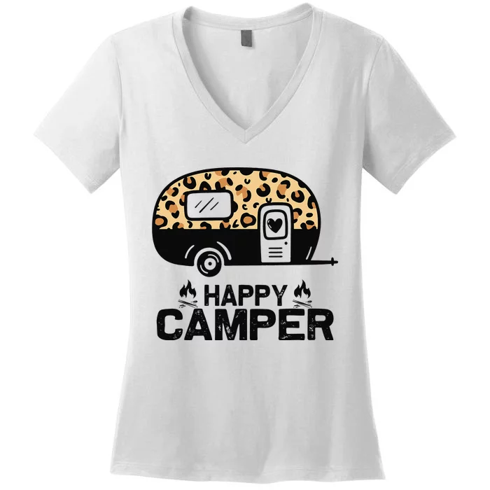 Happy Camper Leopard Funny Matching Camping Crew Women's V-Neck T-Shirt